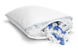 the cloud adjustable pillow with the cover and inside liner unzipped with fill tumbling out